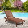 Chaise Lounge Chair Outdoor Wooden Pool Lounge Chair with 3-level Adjustable Backrest, Built-In Table and Rolling Wheels