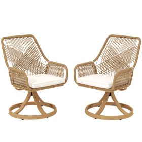 Patio Swivel Chairs Set of 2, Rattan Patio Dining Chairs with Soft Cushions for Backyard, Lawn, Porch, or Garden, Khaki