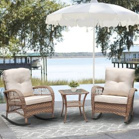 3Pcs Outdoor Patio Wicker Rocking Porch Chair with Waterproof Cushions,Khaki
