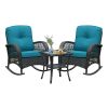 3Pcs Outdoor Patio Wicker Rocking Porch Chair with Waterproof Cushions,Cyan Blue