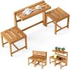 3-in-1 Convertible Outdoor Acacia Wood Furniture (Natural) - Loveseat + Table & Chairs Set + Plant Rack Modes