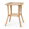 Outdoor Wicker Side Table, Rattan End Table with Glass Top, Patio Coffee Bistro Table for Indoor Garden Porch Balcony, Beige