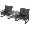 3 Piece Outdoor PE Rattan Rocker Chair Set, Rocking Chair with Tempered Glass Table Top, Gray