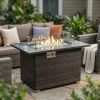 44" Propane Gas Fire Pit Table, 50000 BTU Rectangular Fire Pit, Tile Tabletop with Beautiful Wicker Base for Outside Patio Deck Garden Courtyard-Brown