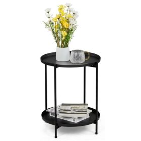 2-Tier Patio Side Table, Outdoor Metal Round Small Coffee Table with Removable Tray