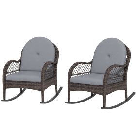 2 Pieces Wicker Rocking Patio Chairs, Indoor Outdoor Rocking Chair Set with Cushions and Armrests for Porch, Grey