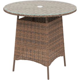 31.5" Outdoor Round Patio Table with Umbrella Hole, Bistro Coffee Table with Tempered Glass Top for Garden, Brown