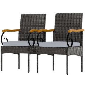 Set of 2 Rattan Outdoor Dining Chairs, Wicker Patio Chairs with Removable Cushion, Acacia Wood Armrests, Light Grey