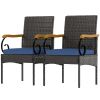 Set of 2 Rattan Outdoor Dining Chairs, Wicker Patio Chairs with Removable Cushion, Acacia Wood Armrests, Navy Blue
