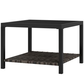 23.6" Rattan End Table, Outdoor Coffee Table with Tempered Glass Top, Storage Shelf for Patio, Garden, Balcony, Black