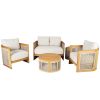 Direct Wicker 4-Piece Outdoor Acacia Wood Patio Furniture Set with Beige Cushions and Coffee Table-Teak Finish