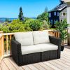 2PC Patio Wicker Corner Sofa Set Outdoor PE Rattan Furniture w Curved Armrests Cushion Balcony