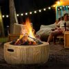 Outdoor Fire Pit, 24 Inch Metal Wood Burning Fireplace with Spark Cover, Poker, Woodgrain Design for Patio, Picnic, Backyard, Light Brown