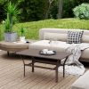 Outdoor Coffee Table with Slatted Tabletop, All-Weather Rectangle Metal Patio Coffee Table for Garden, Brown