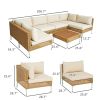 7 Piece Wicker Patio Furniture Set, Modular Outdoor Sectional with Thickened Cushions, Acacia Wood Table, Khaki/Beige