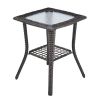 Outdoor Wicker Side Table, Rattan End Table with Glass Top, Patio Coffee Bistro Table for Indoor Garden Porch Balcony, Grey