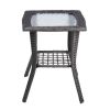 Outdoor Wicker Side Table, Rattan End Table with Glass Top, Patio Coffee Bistro Table for Indoor Garden Porch Balcony, Grey