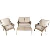 Direct Wicker 4-Piece Acacia Wood Outdoor Patio Conversation Set, Solid Wood Bench, 2 Single Chairs & Coffee Table with Thick Cushions