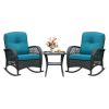 3Pcs Outdoor Patio Wicker Rocking Porch Chair with Waterproof Cushions,Cyan Blue