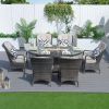 Direct Wicker Outdoor 7-Piece Patio Wicker Gas Fire Pit Dining Set with Arm Chairs