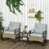 Rocking Bistro Set 3PC Wicker Outdoor Furniture with Rocker Chairs Cushions Coffee Table Light Grey