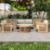 Direct Wicker 4-Piece Outdoor Acacia Wood Patio Furniture Set with Beige Cushions and Coffee Table-Teak Finish