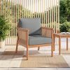 Gray Boho Patio Acacia Wood Chair with Woven Rope Armrests, Cushioned Outdoor Accent Chair for Porch Balcony