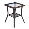 Outdoor Wicker Side Table, Rattan End Table with Glass Top, Patio Coffee Bistro Table for Indoor Garden Porch Balcony, Brown