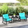 3 Pieces Outdoor PE Rattan Rocker Chair Set, Rocking Chair with Tempered Glass Table Top, Turquoise Green