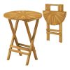 Patio Folding Side Table Teak Wood Round End Table with Slatted Tabletop and X-Shaped Frame