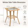 Outdoor Wicker Side Table, Rattan End Table with Glass Top, Patio Coffee Bistro Table for Indoor Garden Porch Balcony, Beige