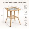 Outdoor Wicker Side Table, Rattan End Table with Glass Top, Patio Coffee Bistro Table for Indoor Garden Porch Balcony, Beige