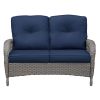 Outdoor Wicker Loveseat, 2-Seater Patio Rattan Sofa with Water-Resistant Navy Blue Cushions, UV-Resistant Hand-Woven Wicker Couch for Porch, Backyard