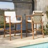 Outdoor Counter Height Bar Stools Chair Set of 2, Modern Patio Acacia Wooden Stools with Backrest Arm and Webbing Seat, for Patio, Pool, Garden