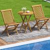 Patio Folding Side Table Teak Wood Round End Table with Slatted Tabletop and X-Shaped Frame