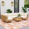 7 Piece Wicker Patio Furniture Set, Modular Outdoor Sectional with Thickened Cushions, Acacia Wood Table, Khaki/Beige