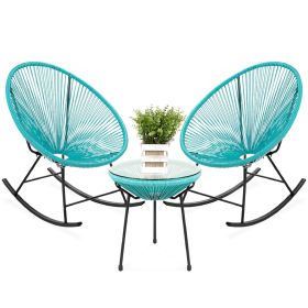 3 Piece Teal Oval Patio Woven Rocking Chair Bistro Set (Color: Teal)