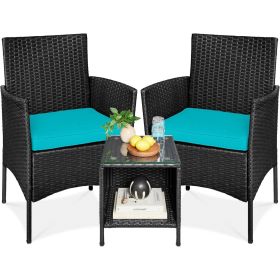 3-Piece Black PE Wicker Outdoor Dining Patio Furniture Set with Cushions (Color: Teal Blue)