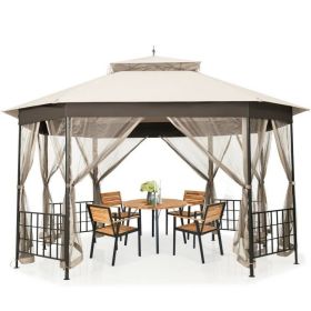 Outdoor 10 x 12 Ft Octagon Gazebo with Mosquito Net Sidewalls and Canopy (Color: Beige)