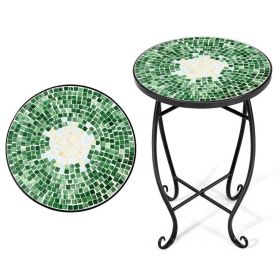 Indoor/Outdoor Mosaic Round Side Accent Table Plant Stand (Color: Green)