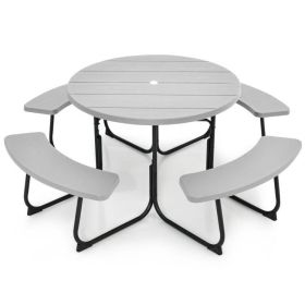 All Weather 8 Seater Picnic Table with Umbrella Hole (Color: Grey)