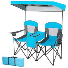2-Piece Folding Camping Canopy Chairs Set with Cup Holder and Storage Pocket (Color: Light Blue)