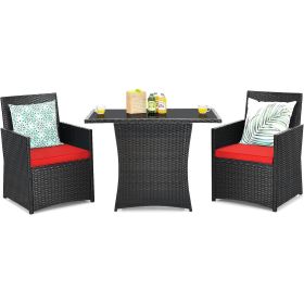 3-Piece Patio Furniture Outdoor Dining Set in Brown PE Rattan with Cushions (Color: Red)
