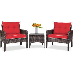 3-Piece Brown PE Rattan Outdoor Dining Patio Furniture Set with Cushions (Color: Red)