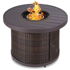 50,000 BTU Wicker Round LP Gas Propane Fire Pit w/ Faux Wood Tabletop and Cover (Color: Brown)