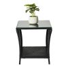Outdoor Patio Wicker Side Table, Square End Table Bistro Coffee Table with Glass Top Storage Shelf for Porch Garden Backyard