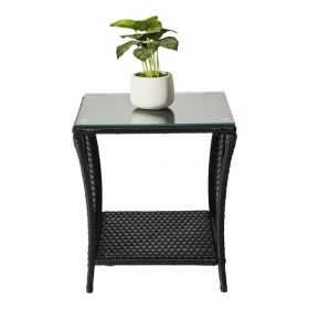 Outdoor Patio Wicker Side Table, Square End Table Bistro Coffee Table with Glass Top Storage Shelf for Porch Garden Backyard (Color: Black)