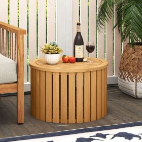 2-in-1 Outdoor Side Table with Storage Acacia Wood Slatted Coffee Table Square/Round Slatted End Storage Box (Style: Round)