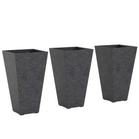 28" Tall Planters, Set of 3 Plastic Flower Pots with Marble Finish and Drainage Holes, Stackable Taper Planters (Color: Black)