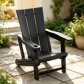 Weatherproof HDPE Outdoor Adirondack Chair, 330LBS Capacity Ergonomic Patio Lounge Chair with Built-in Cup Holder (Color: Black)